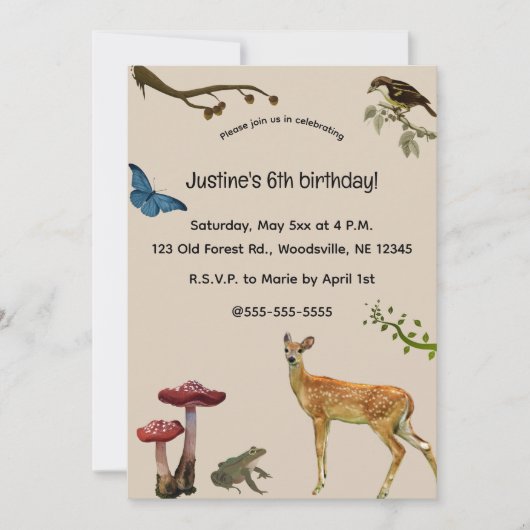 Editierbare Tiere im Wald Einladung (Vorderseite)