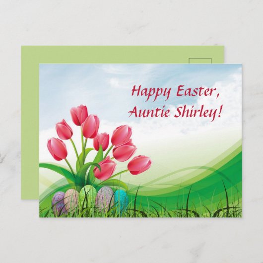 Editierbare Tulipen und Ostereier auf Gras Oster Postkarte (Vorne/Hinten)
