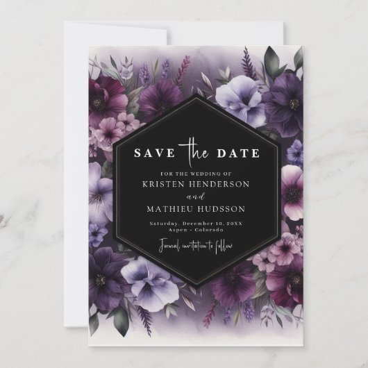 Editierbare Typografie Lila Blumenhochzeit Save The Date (Vorderseite)