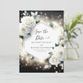 Editierbare Typografie White Roses Wedding Save The Date (Stehend Vorderseite)