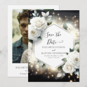Editierbare Typografie White Roses Wedding Save The Date (Vorne/Hinten)
