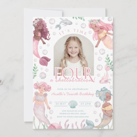 Editierbare Vier Meerjungfrau Einladung Mädchen dr (Vorderseite)