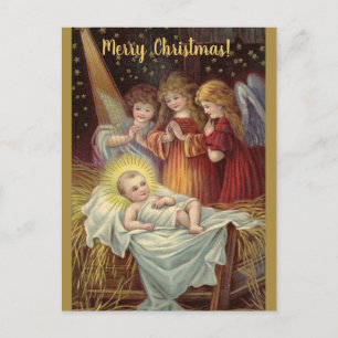 Editierbare Vintage-Baby-Jesus-und-Engel-Weihnacht Postkarte