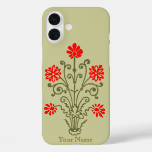 Editierbare Vintage Gold- und Rothalbblütenkunst iPhone 16 Plus Hülle