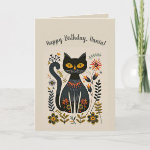 Editierbare Volkskunst-Schwarze-Katze-Geburtstagsk Karte