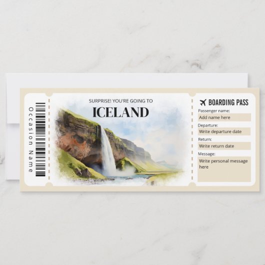 Editierbarer Flugzeug für Island Boarding Pass Einladung (Vorderseite)