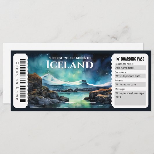 Editierbarer Flugzeug für Island Boarding Pass Einladung (Vorne/Hinten)