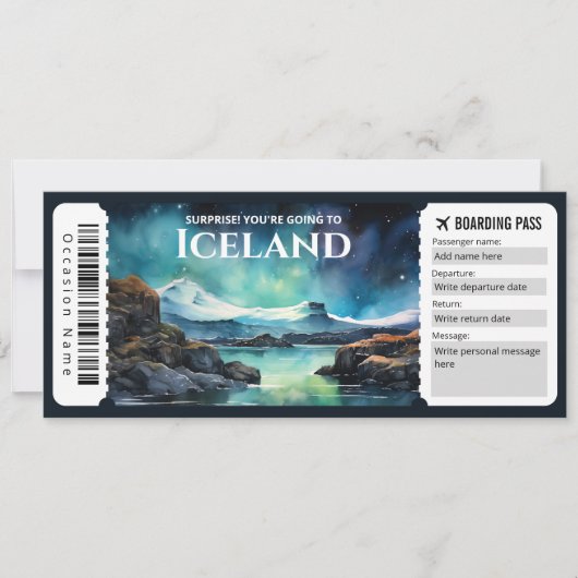 Editierbarer Flugzeug für Island Boarding Pass Einladung (Vorderseite)