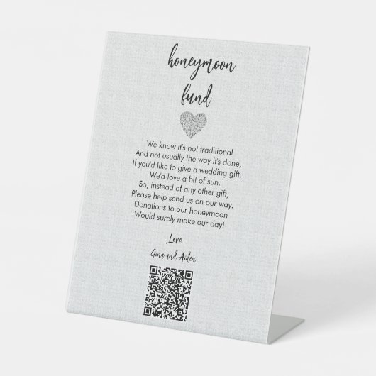 Editierbarer Honeymoon Fund QR Code Sockelschild (Vorderseite)