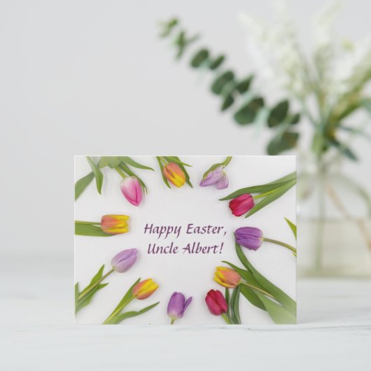 Editierbarer Kreis Tulips Ostergruß Postkarte (Stehend Vorderseite)