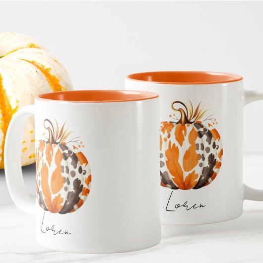 Editierbarer Name Niedlich Orange Pumpkin Harvest Zweifarbige Tasse