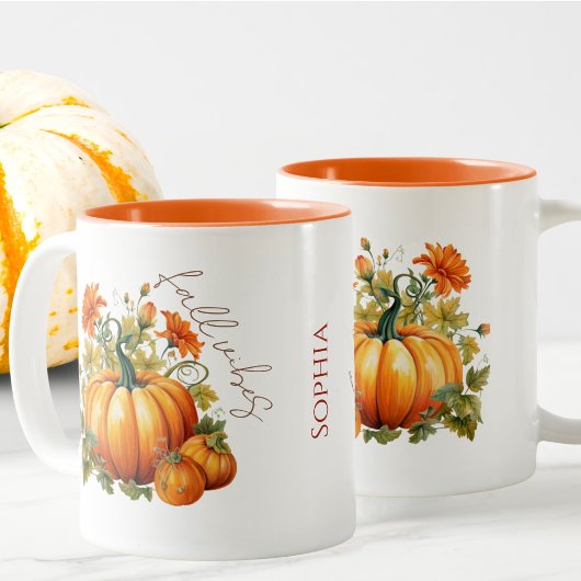 Editierbarer Name Niedlich Orange Pumpkin Patch Fa Zweifarbige Tasse