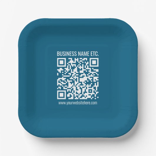 Editierbarer ozeanblauer QR-Code Pappteller (Vorderseite)