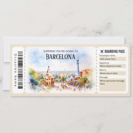 Editierbares Barcelona Flugzeug Boarding Ticket Einladung (Vorderseite)