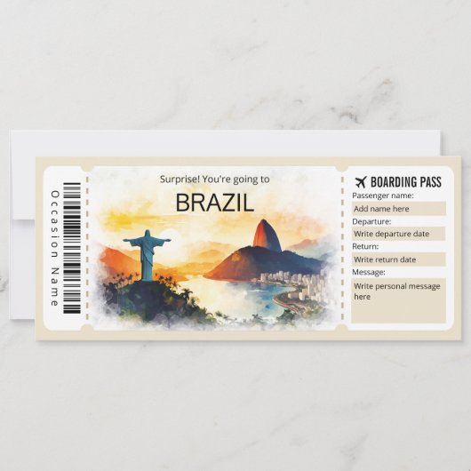 Editierbares Brasilien Flugzeug Ticket Rio Boardin Einladung (Vorderseite)