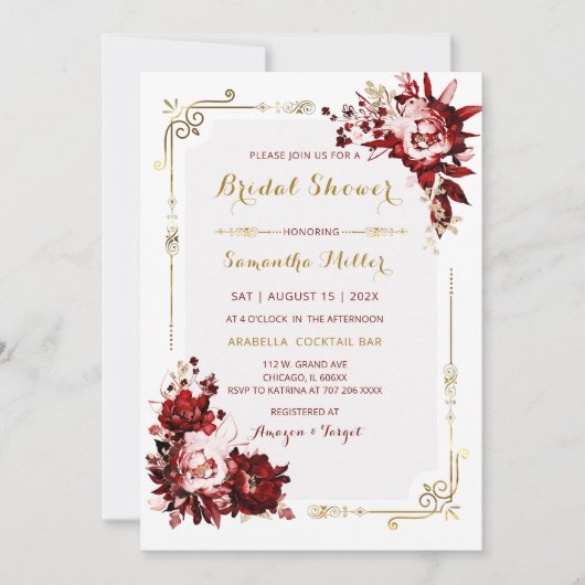 Editierbares Burgundy and Gold Brautparty Einladung (Vorderseite)