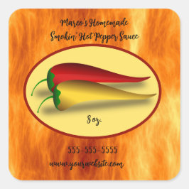 Editierbares Flames Smokin' Hot Pepper Sauce Label Quadratischer Aufkleber