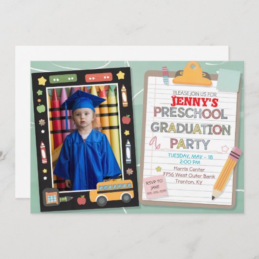 Editierbares Foto Notepad Vorschul Abschluss Chalk Einladung (Vorne/Hinten)