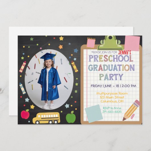 Editierbares Foto Preschool Abschluss Chalkboard Einladung (Vorne/Hinten)
