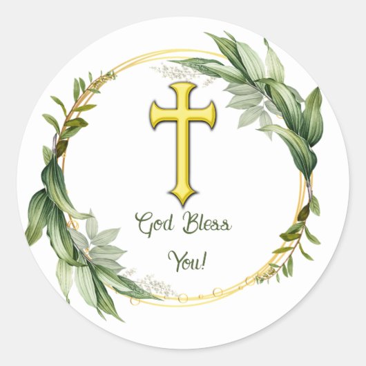 Editierbares Leaf Kranz und überqueren Gott segne Runder Aufkleber (Vorderseite)