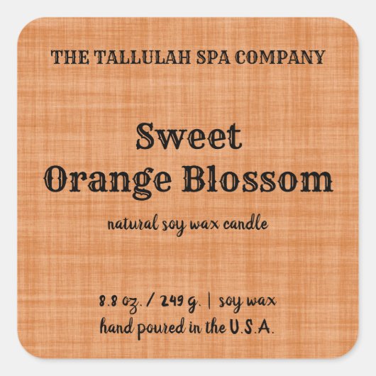 Editierbares Orange Linen Candle Label Quadratischer Aufkleber (Vorderseite)