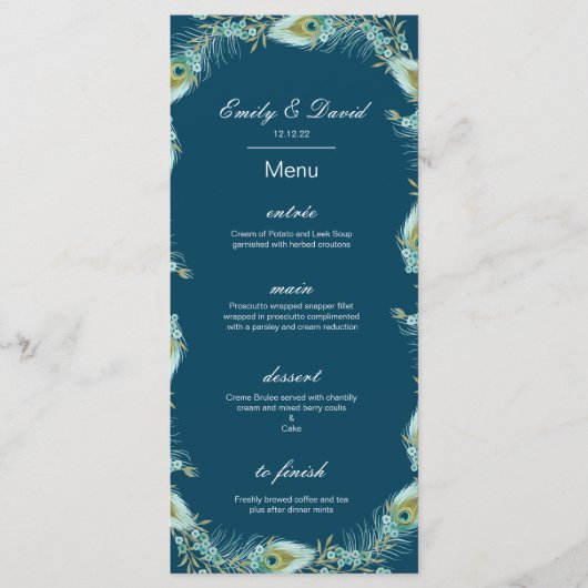 Editierbares Pfauenmenü, Hochzeitmenü, Babydusche Menükarte (Vorderseite)