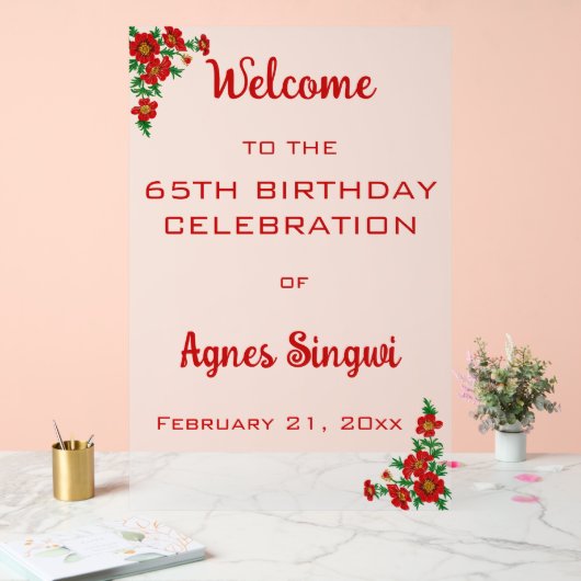 Editierbares Red Blume Celebration Akryllisches Ze Acrylschild (Hochzeit)