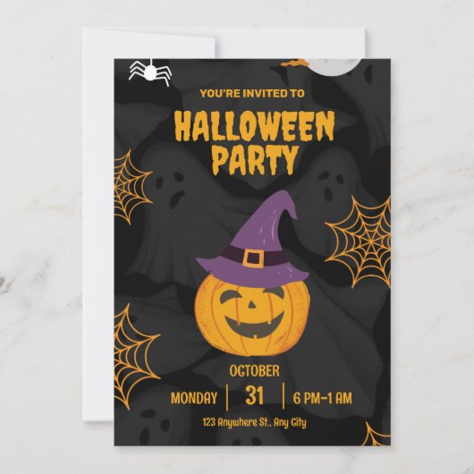 Editierbares Schwarz-Orange-Pumbkin-Halloween-Part Einladung (Vorderseite)