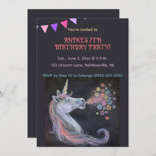 Editierbares Unicorn im Chalkboard-Hintergrund Einladung (Vorne/Hinten)