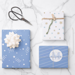 Editierbares White & Blue Monogram Neugeborenes Ba Geschenkpapier Set