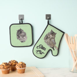 Editor Cat by RoseWrites Oven Mitt and Pot Holders Ofenhandschuh & Topflappen-Set