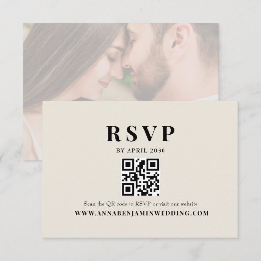 Editorial Elfenbein Foto QR Code Hochzeit RSVP Karte (Vorne/Hinten)