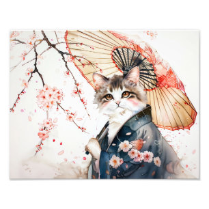 Edle Geisha-Katze mit Bambusschirm in chinesischer Fotodruck