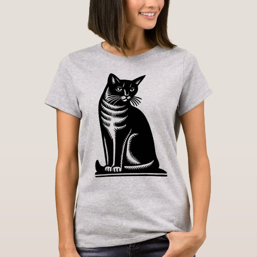 Edle Katzen-Holzschnitt-Optik T-Shirt (Vorderseite)