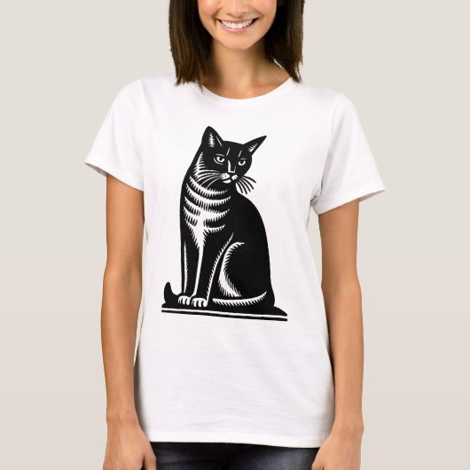 Edle Katzen-Holzschnitt-Optik T-Shirt (Vorderseite)