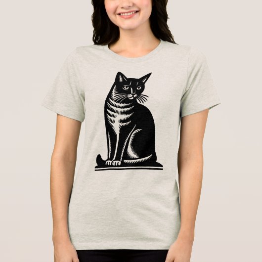 Edle Katzen-Holzschnitt-Optik Tri-Blend Shirt (Vorderseite)