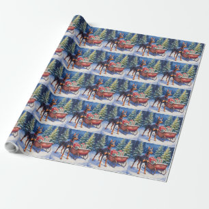 Edler Dobermann bewacht Weihnachtsschlitten im Win Geschenkpapier