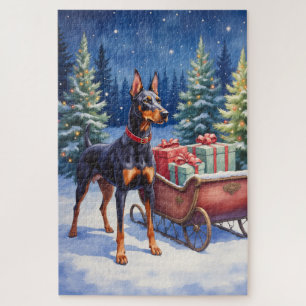 Edler Dobermann bewacht Weihnachtsschlitten im Win Puzzle