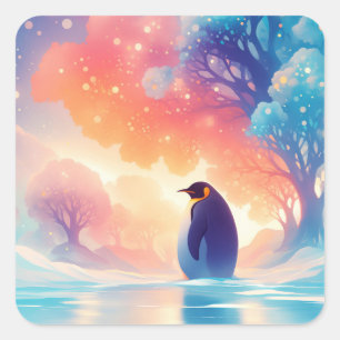 Edler Pinguin auf gefrorenem See mit magischem Wal Quadratischer Aufkleber