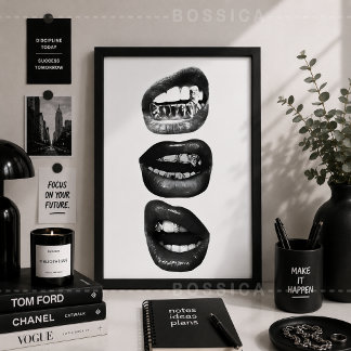 Edles Modeposter Schwarz-Weiß-Lippen-Wandkunst Poster