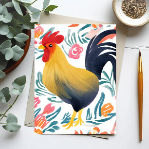 Edna der Hahn   Aquarell-Blumen-Huhn Postkarte