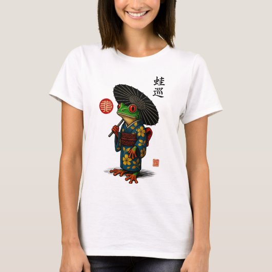 Edo Frog in Kimono mit Parasol T-Shirt (Vorderseite)