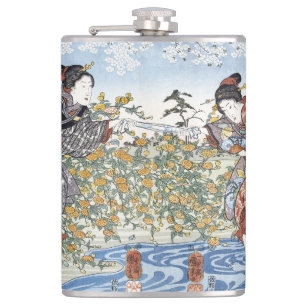 Edo-Zeit-Ukiyo-e-Frauen Blauer Fluss Gelbe Blumen Flachmann