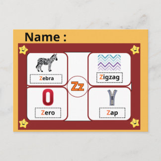 Educational Alphabet Letter Z Flashcard for Kids  Postkarte