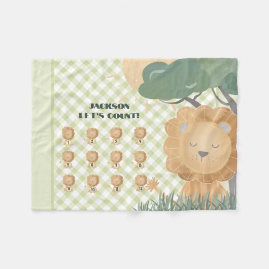 Educational Let's Count Gingham Name Boho Lion Fleecedecke (Vorderseite (Horizontal))