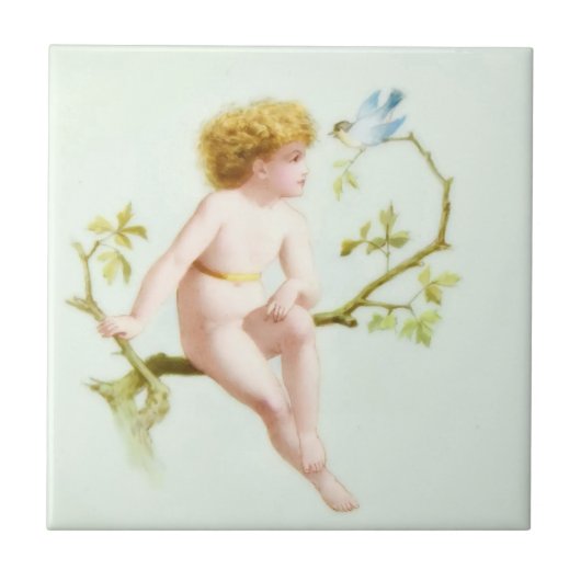 Edwardian Era Blonde Baby and Bird Fliese (Vorderseite)