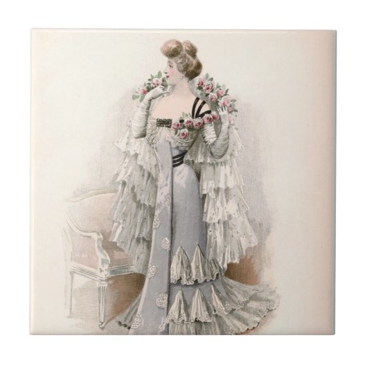 Edwardian Lady mit Rose Vintage Mode Fliese (Vorderseite)