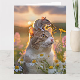 Een kat met een muis op zijn kop tussen de bloemen karte