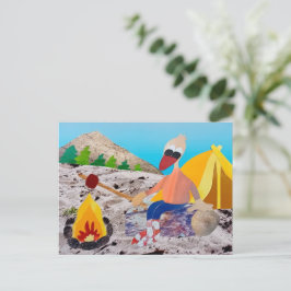 Eend op strand met kampvuur vakantie camping life postkarte