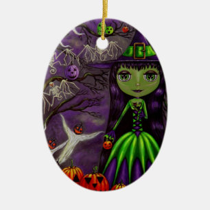 Eerie Halloween Green und Lila Hexenverzierung Keramikornament